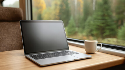 Digital nomad travel working remotely from a train cabin serene environment cozy viewpoint