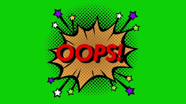 Animated Comic OOPS! Text Pop-Up with Explosion on Green Screen & Black Background, 4K