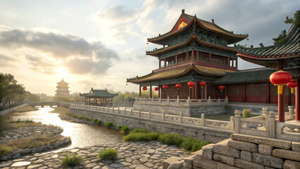 Obraz premium Ancient chinese pagodas with colorful roofs and river foundations