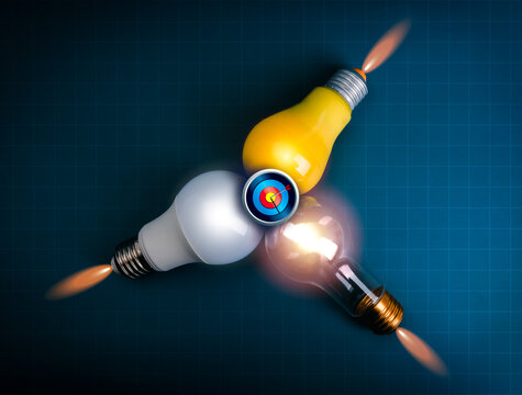 Three light bulbs as rockets aiming at 3d target icon on blue grid background, symbolizing creative ideas, startup innovation, competition, and achieving business goals with vision and determination.