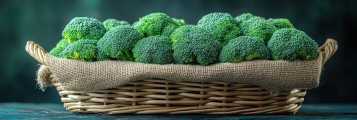 Fresh broccoli florets in a woven basket