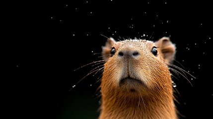 Close up of a capybara s face with water droplets