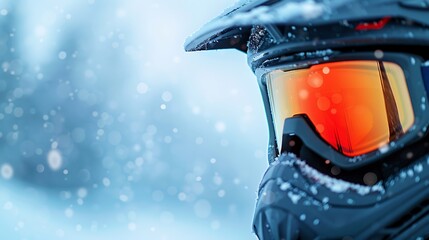 Close up of a snowboarder in a snowstorm wearing orange goggles
