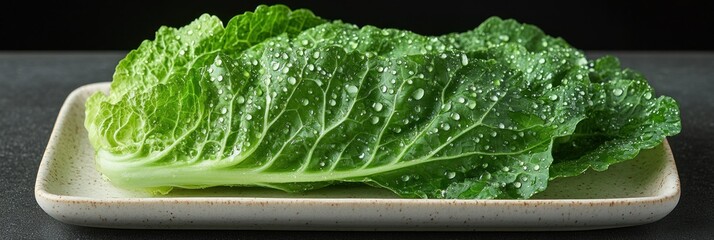 Fresh, vibrant green cabbage leaves on a light beige rectangular plate, covered in water droplets