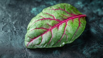 Close-up of a vibrant, fresh, single Swiss chard leaf on a dark textured surface