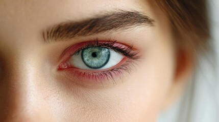 Obraz premium Under eye swelling concept. Close-up view of a beautiful blue eye with striking details.