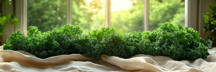 Fresh kale leaves on a cloth, bathed in natural light by a window