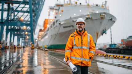 Maritime Engineer Standing on Dock with Cargo Ship at Port