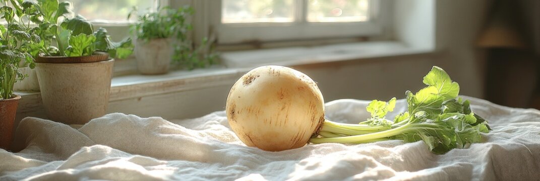 A light beige turnip rests on a white linen cloth, beside some green leaves and stems. Sunlight streams into the scene, highlighting the textures