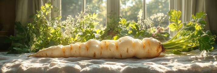A large, pale-yellow root vegetable, likely a giant parsnip or similar root, rests on a light-colored cloth, surrounded by greenery and bathed in sunlight streaming through a window