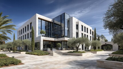 Modern Luxury Office Building with Glass Facade and Landscaping