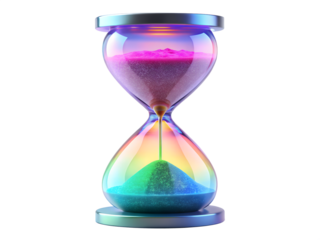 A rainbow hourglass with colorful sand flowing, isolated on transparent background, symbolizing the passage of time, deadlines, and the ephemeral nature of moments