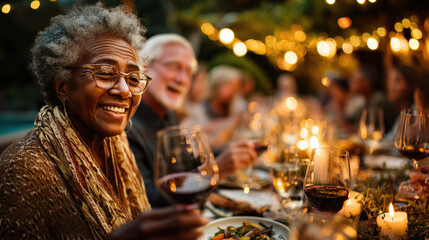 Joyful Elderly Woman at Festive Outdoor Dinner with Wine