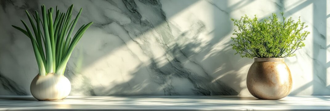 A white onion plant and a potted herb sit on a marble countertop, lit by sunlight