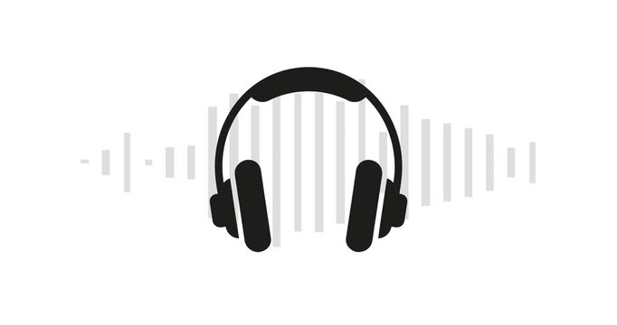 Animated design of black headphones icon with frence waves moving in the background on white background