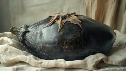 A large, dark eggplant rests on a beige linen cloth