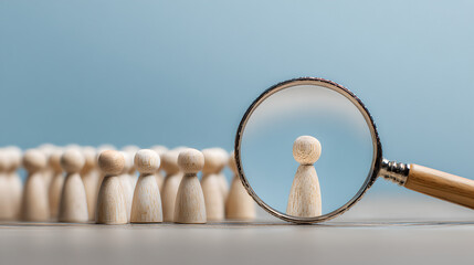 A magnifying glass focused on a wooden block with a person's icon, surrounded by figures.
