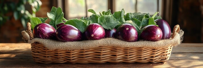 Purple eggplants in a woven basket
