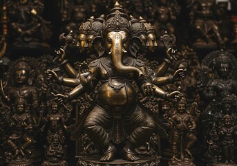 Fototapeta premium Detailed Bronze Statue of Hindu God Ganesha, surrounded by other figures.
