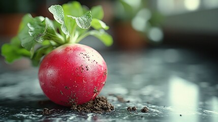 Close-up of a vibrant red radish with green leaves, resting on a dark marble countertop with scattered soil