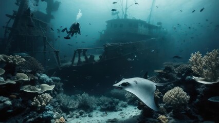 Fototapeta premium Sunken Ship Exploration: Diver, Manta Ray, and Coral Reef Ecosystem