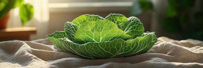 Fresh green cabbage on a beige linen cloth, bathed in sunlight