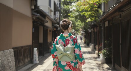 Fototapeta premium Stunning Teal Kimono with Floral Print Experience Traditional Japanese Fashion