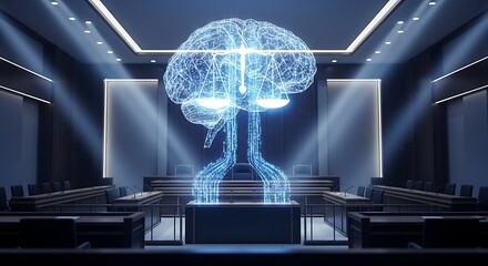 Futuristic Courtroom with Glowing Brain and Scales of Justice Hologram