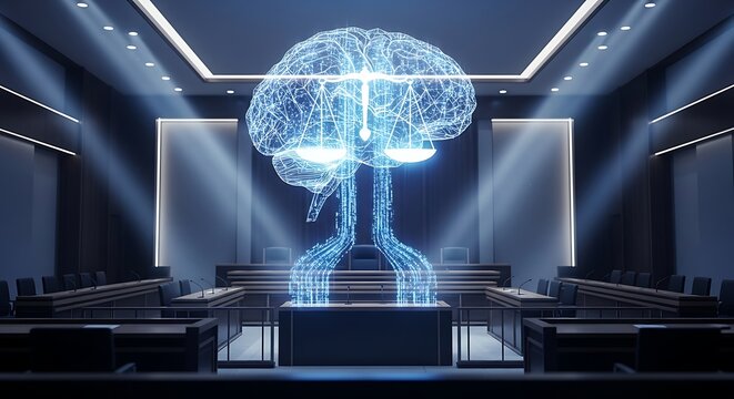 Futuristic Courtroom with Glowing Brain and Scales of Justice Hologram