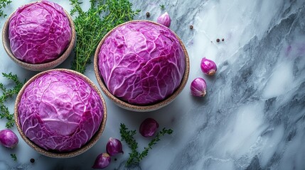 Three vibrant purple cabbages in shallow bowls, garnished with fresh thyme and small red onions, on a light gray marble surface