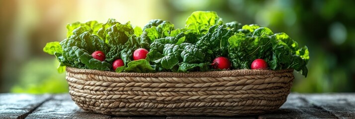 Fresh greens and radishes in a rustic basket (1)