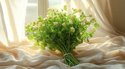 A bunch of pale yellow flowers, with fresh green leaves, sits on a light beige fabric draped over a window sill, bathed in sunlight