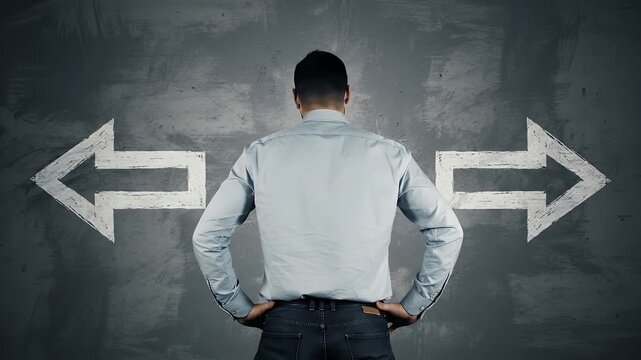 Man Standing Before Arrows Pointing in Opposite Directions on Gray Wall Depicting Choice Direction Decision and Opportunity