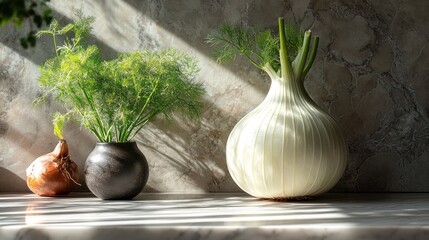 Fresh dill and fennel bulbs on a marble countertop, sunlit