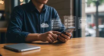 Man using smartphone with holographic todo lists cloud and calendar icons