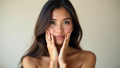 Fototapeta premium Radiant Hispanic Woman Portrait Gentle Confident Expression Natural Beauty Sleek Bob Soft Light