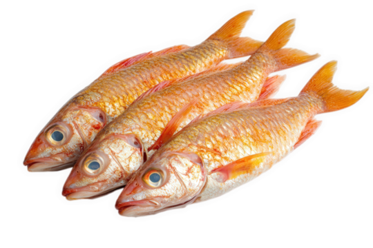 Three fresh red mullet fish isolated on transparent background