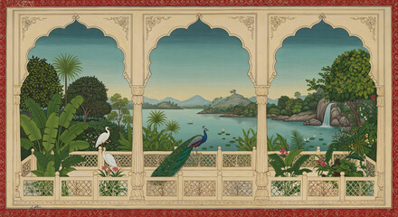 Dreamy watercolor vector landscape of lakeside garden with arch, peacock, birds, mountains, and waterfall, perfect for elegant wall art decor
