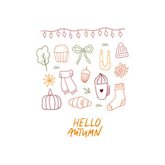 Hand drawn cozy autumn doodle illustration