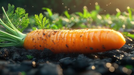 Fresh orange carrot resting on rich soil, surrounded by green leaves. Sunlight highlights the vegetable