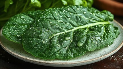 Close-up of fresh, vibrant green leaves, glistening with water droplets, on a light gray plate