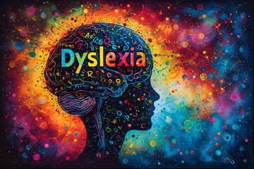 Conceptual illustration of a human head silhouette with a vibrant, neural network-like brain filled with colorful letters. "Dyslexia" is featured, the cognitive aspects of the condition. AI generative