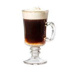 Irish Coffee alcoholic beverage served in a clear glass with whipped cream and coffee bean garnish PNG transparent background