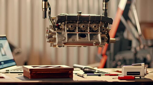 Suspended engine block above laptop wooden table highlights intricate details of automotive technology and vocational training mechanical workspace