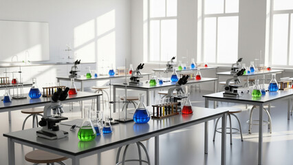 An empty modern science classroom or laboratory with microscopes, beakers, and other scientific equipment on the tables