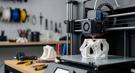 Closeup of a 3d printer creating a complex object in a workshop setting