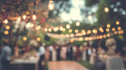 Blurred outdoor wedding party with soft natural light, warm romantic atmosphere, joyful celebration guests, floral decorations, elegant dresses, festive mood,love, romance,event celebration concept