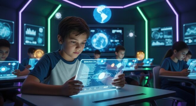Students immersed in futuristic learning environment using holographic technology for studies - Powered by Adobe