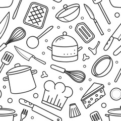 Vector art of seamless pattern of kitchen utensils and cooking equipment, including pots, pans, knives, whisks, and chef hats, perfect for culinary themes and foodrelated designs