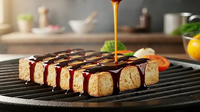 Grilled tofu slices drizzled with sauce on a hot grill, surrounded by fresh vegetables in a cozy kitchen